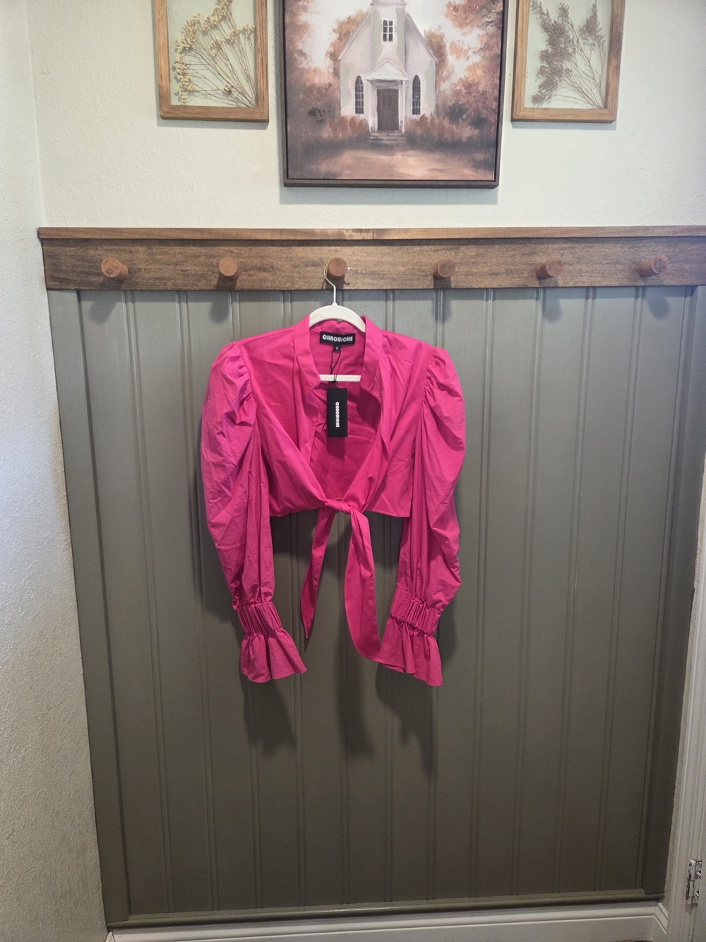 Hot Pink Tie-Front Puff Sleeve Crop Top